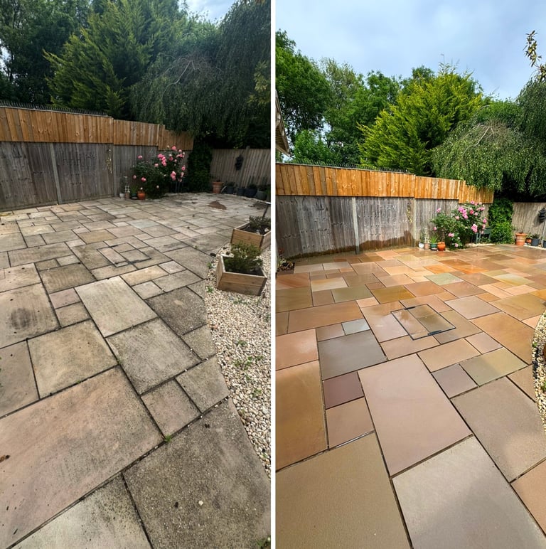 Before and after comparison of patio cleaning, showing transformation from dirty grey pavers to clean terracotta-toned surface