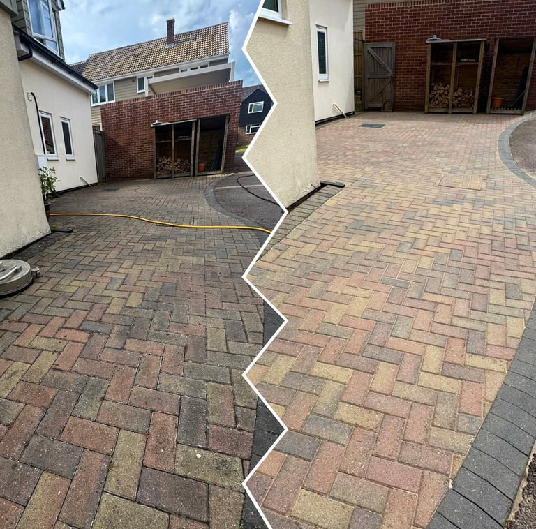 Before and after comparison of a brick paved driveway and patio, showing cleaning and restoration results at a residential home