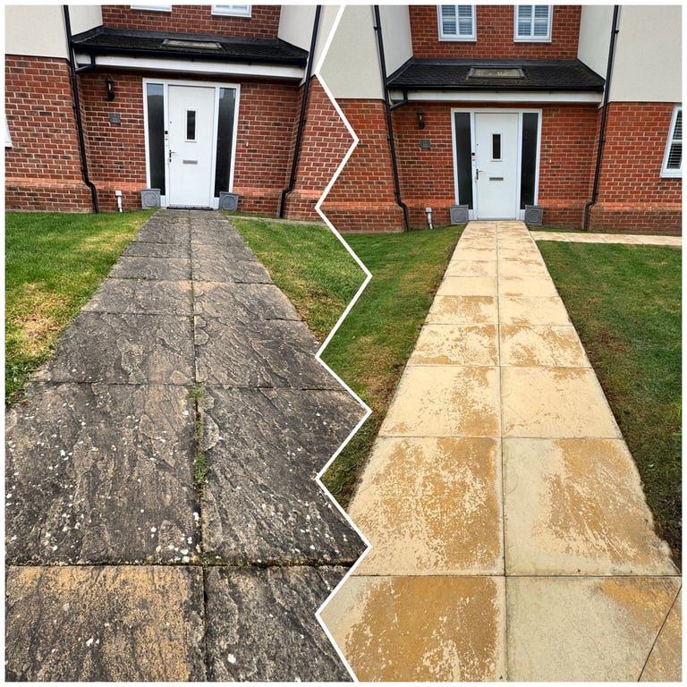 Before and after comparison of a dirty pathway cleaned to reveal light-colored paving stones in front of brick houses