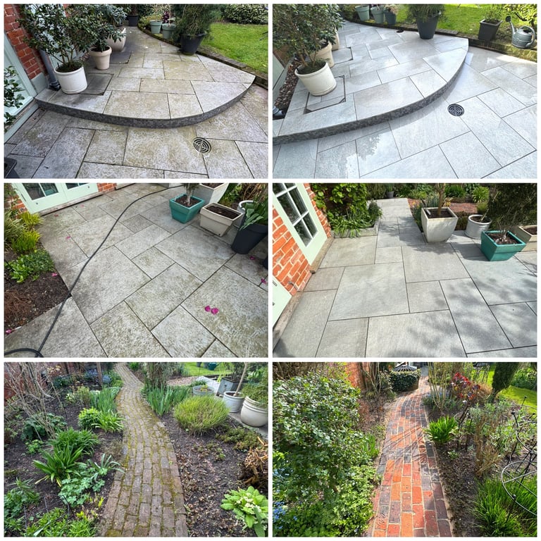 Before and after comparison of patio cleaning and garden restoration showing cleaned paved areas and restored pathways with plants