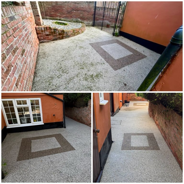 Multiple views of a resin patio surface with geometric pattern design in gray and tan, showing different angles of a residential outdoor paved area.