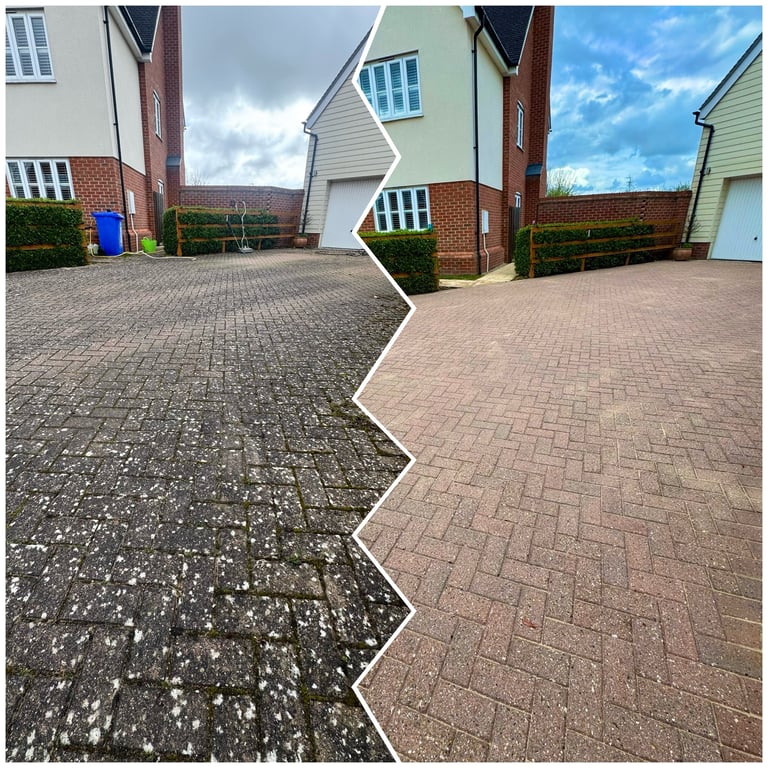 Before and after comparison of driveway cleaning. Left side shows dirty darkened paving, right side shows freshly cleaned reddish-brown pavers.